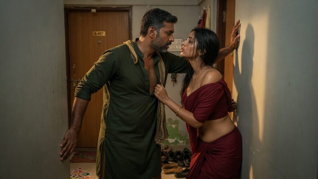 Two fully clothed adults, one adult Indian man and one adult Indian woman in a contemporary Indian city apartment entry.