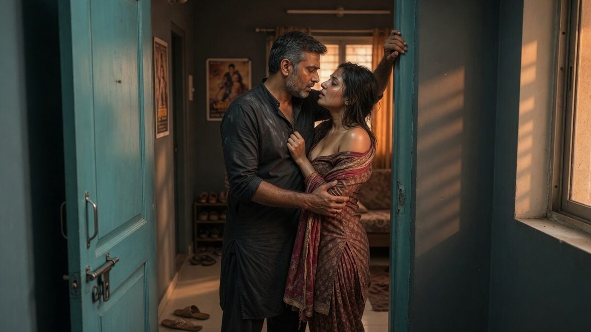 Two fully clothed adults, one adult Indian man and one adult Indian woman in a contemporary Indian city apartment entry.