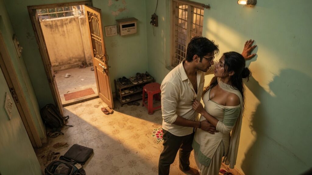 Two fully clothed adults, one adult Indian man and one adult Indian woman in an Indian apartment entry.
