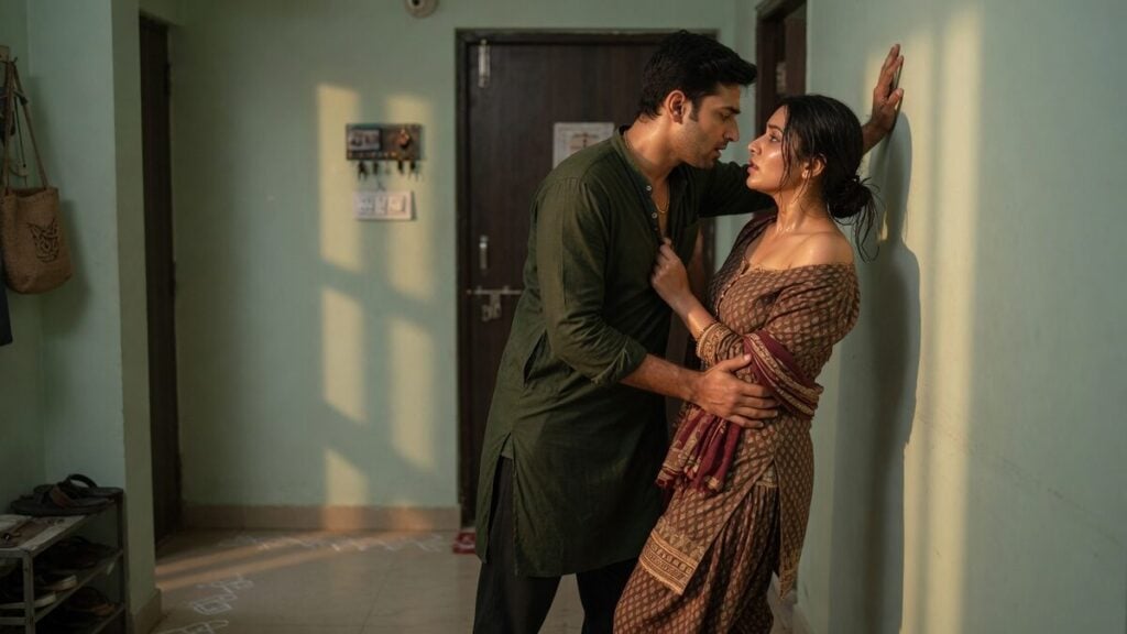 Two fully clothed adults, one adult Indian man and one adult Indian woman in an Indian apartment entry.