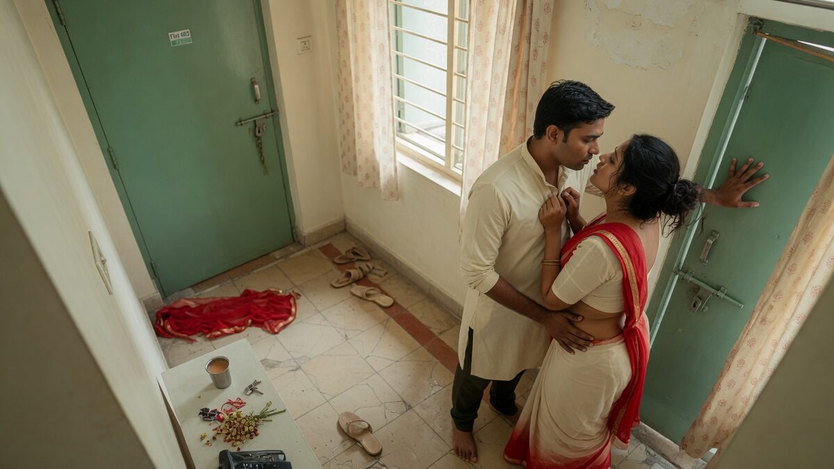 Two fully clothed adults, one adult Indian man and one adult Indian woman in a contemporary Indian city apartment entry.