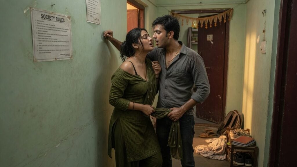 Two fully clothed adults, one adult Indian man and one adult Indian woman in an Indian apartment entry.