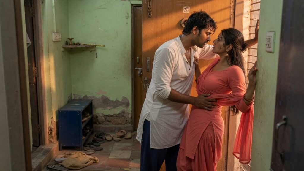Two fully clothed adults, one adult Indian man and one adult Indian woman in an Indian apartment entry.