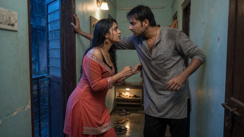 Two fully clothed adults, one adult Indian woman and one adult Indian man in an Indian apartment entry.