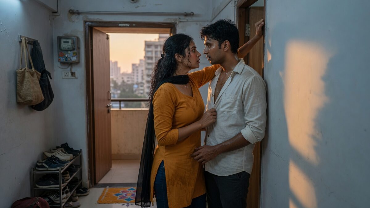Two fully clothed adults, one adult Indian man and one adult Indian woman in a contemporary Indian city apartment entry.
