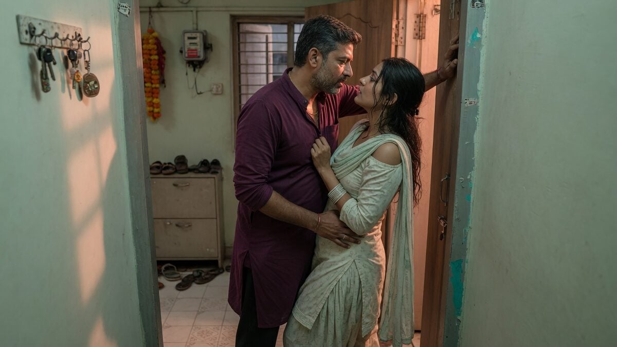 Two fully clothed adults, one adult Indian man and one adult Indian woman in a contemporary Indian city apartment entry.