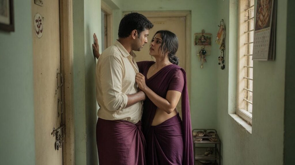 Two fully clothed adults, one adult Indian woman and one adult Indian man in an Indian apartment entry.