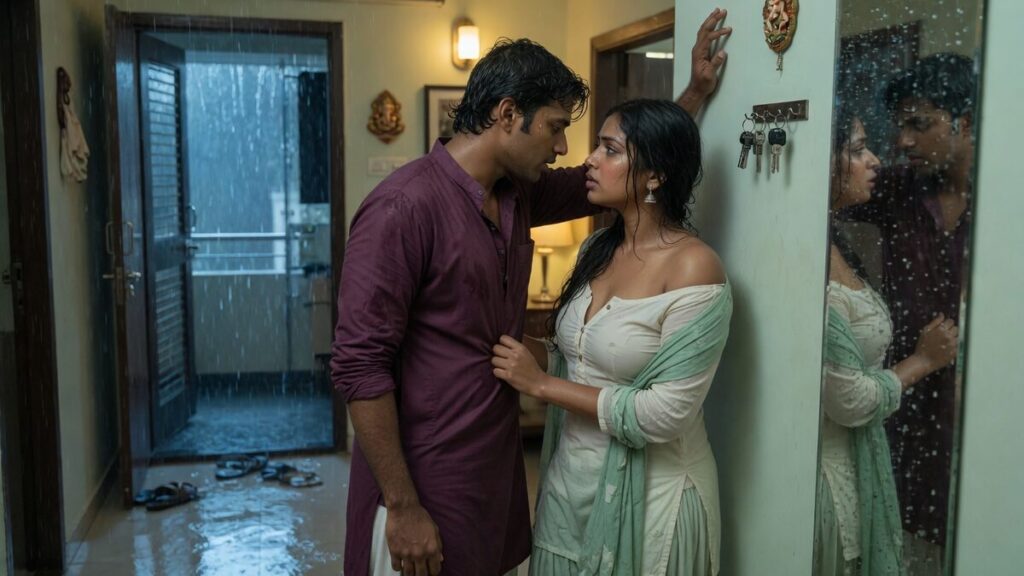 Two fully clothed adults, one adult Indian man and one adult Indian woman in a contemporary Indian city apartment entry.