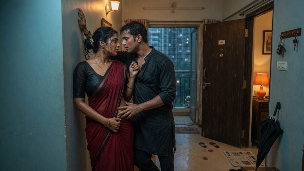 Two fully clothed adults, one adult Indian woman and one adult Indian man in a contemporary Indian city apartment entry.