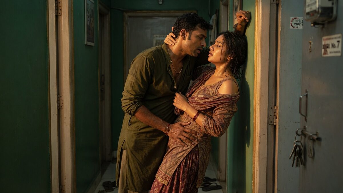 Two fully clothed adults, one adult Indian man and one adult Indian woman in a contemporary Indian city apartment entry.