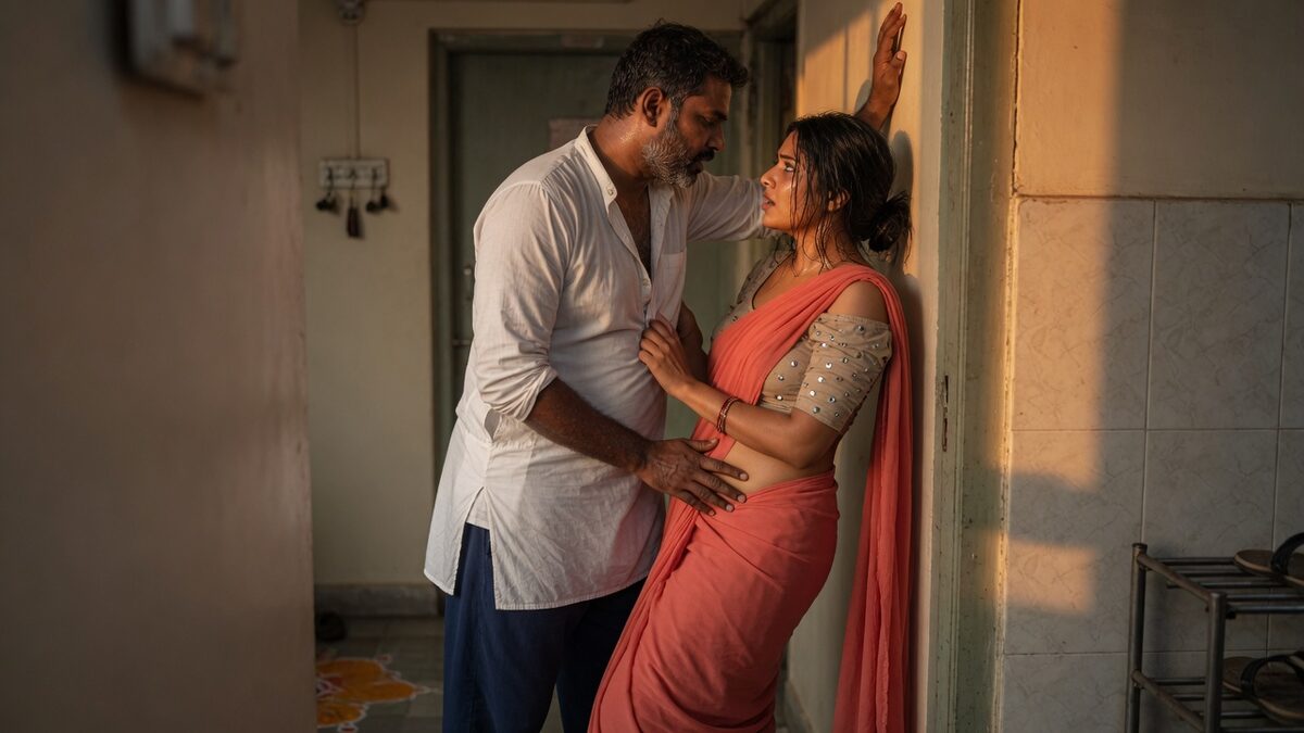 Two fully clothed adults, one adult Indian man and one adult Indian woman in an Indian apartment entry.
