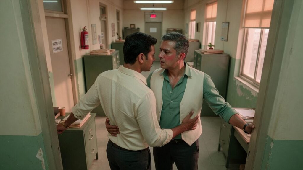 Two fully clothed adults, one adult Indian man and one adult Indian man in an after-hours Indian office corridor.