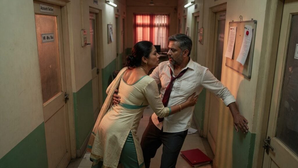 Two fully clothed adults, one adult Indian woman and one adult Indian woman in an after-hours Indian office corridor.
