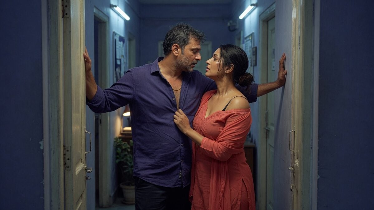 Two fully clothed adults, one adult Indian man and one adult Indian woman in an after-hours Indian office corridor.