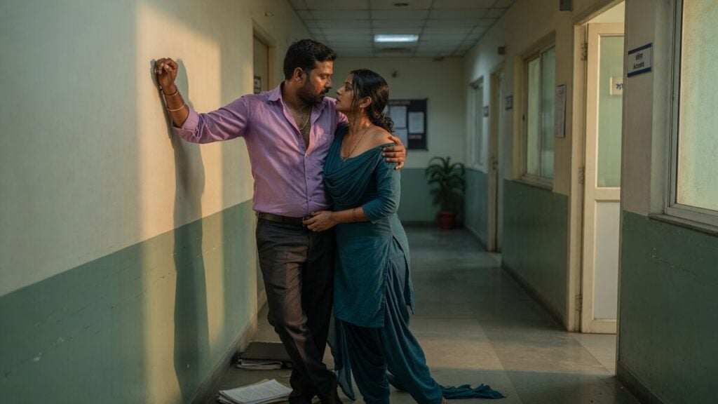 Two fully clothed adults, one adult Indian man and one adult Indian woman in an after-hours Indian office corridor.