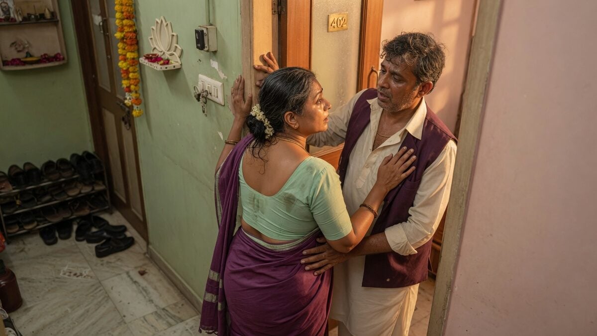 Two fully clothed adults, one adult Indian man and one adult Indian woman in a contemporary Indian city apartment entry.