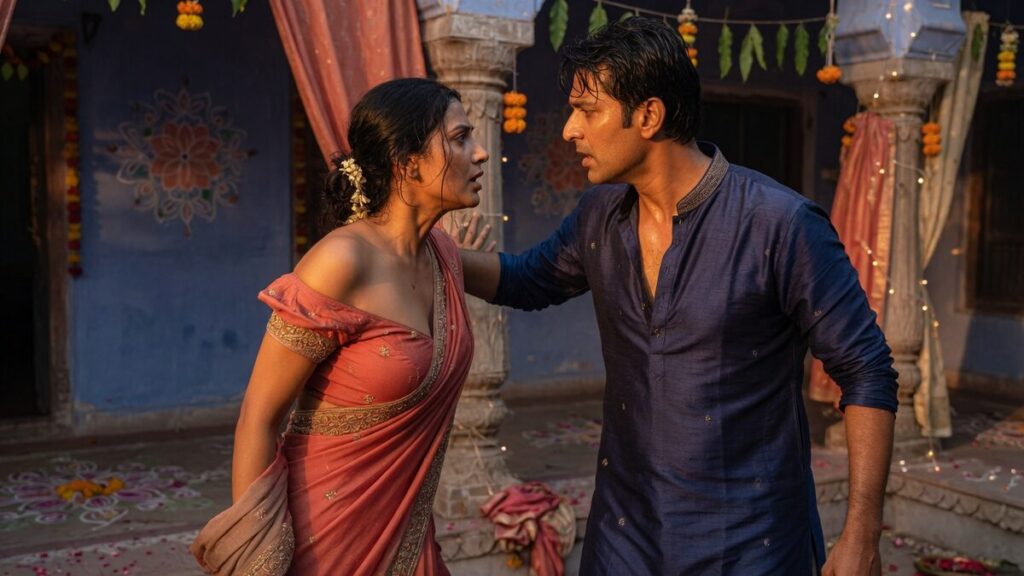 Two fully clothed adults, one adult Indian man and one adult Indian woman in a decorated Indian courtyard.