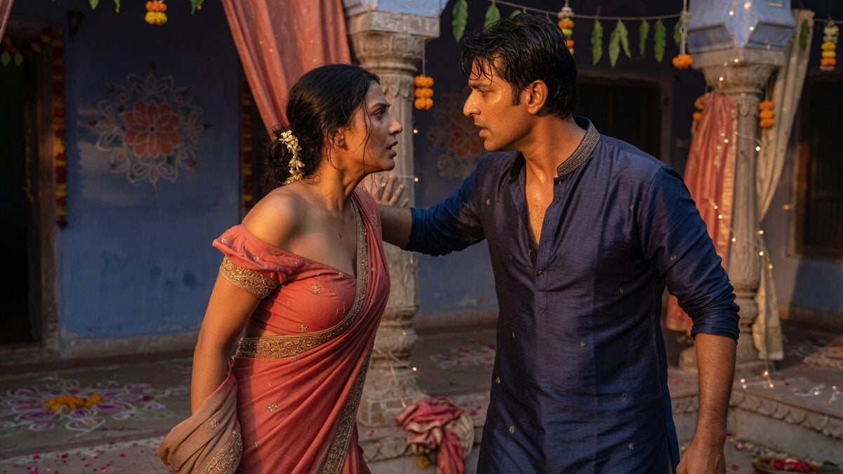 Two fully clothed adults, one adult Indian man and one adult Indian woman in a decorated Indian courtyard.