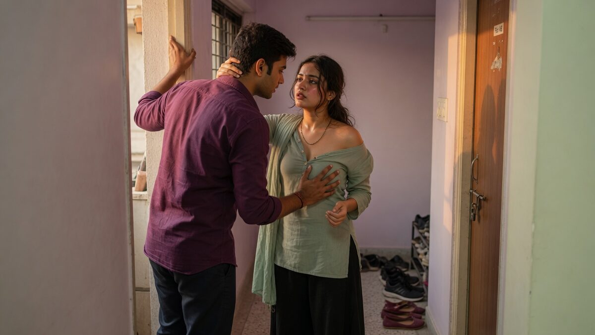 Two fully clothed adults, one adult Indian man and one adult Indian woman in a contemporary Indian city apartment entry.