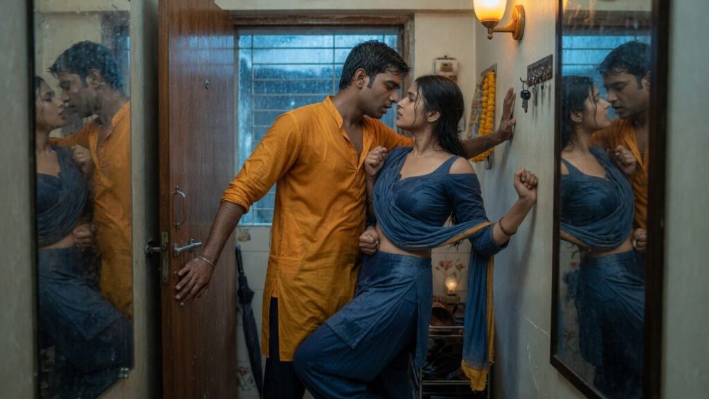 Two fully clothed adults, one adult Indian man and one adult Indian person in an Indian apartment entry.