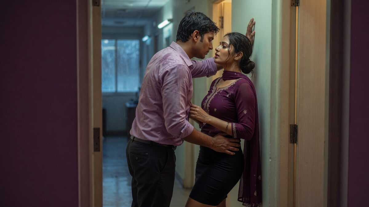 Two fully clothed adults, one adult Indian man and one adult Indian woman in an after-hours Indian office corridor.