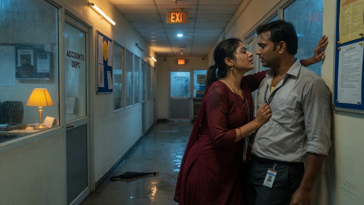 Two fully clothed adults, one adult Indian woman and one adult Indian man in an after-hours Indian office corridor.