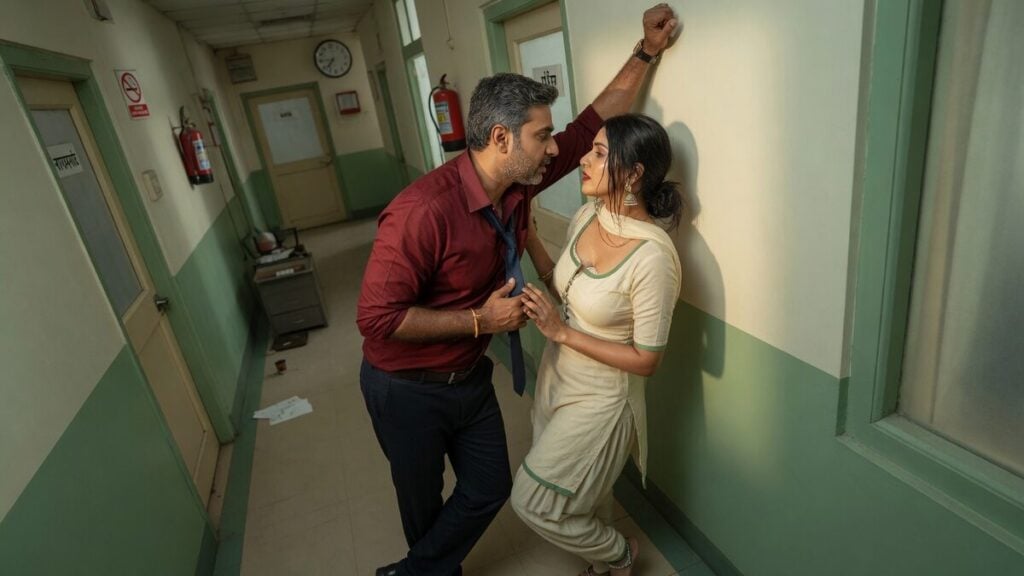 Two fully clothed adults, one adult Indian man and one adult Indian woman in an after-hours Indian office corridor.