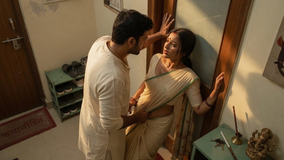 Two fully clothed adults, one adult Indian man and one adult Indian woman in an Indian apartment entry.