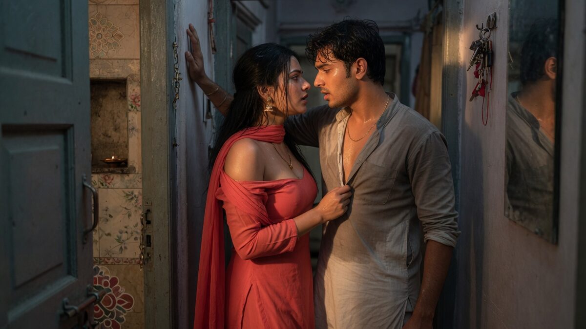Two fully clothed adults, one adult Indian woman and one adult Indian man in an Indian apartment entry.