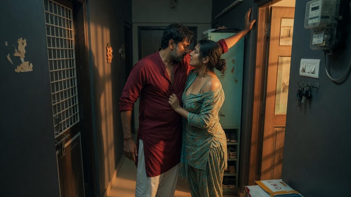 Two fully clothed adults, one adult Indian man and one adult Indian woman in a contemporary Indian city apartment entry.