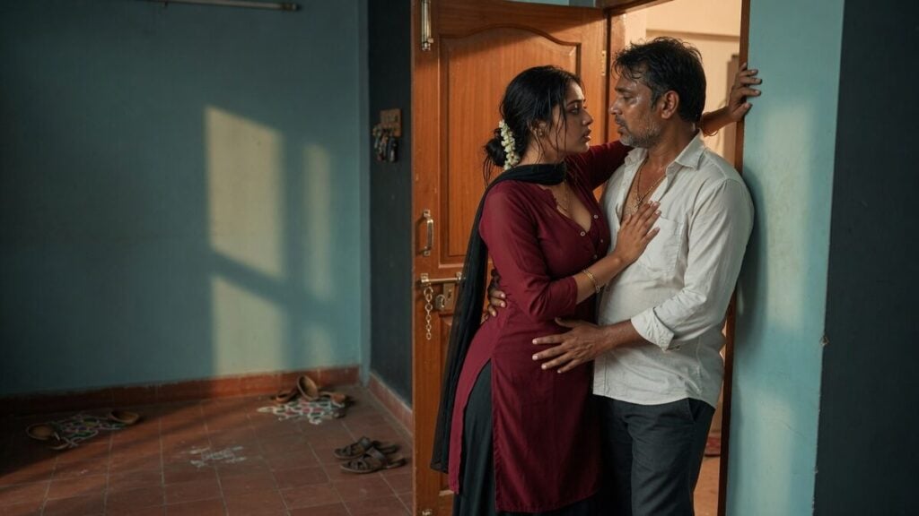 Two fully clothed adults, one adult Indian woman and one adult Indian man in an Indian apartment entry.