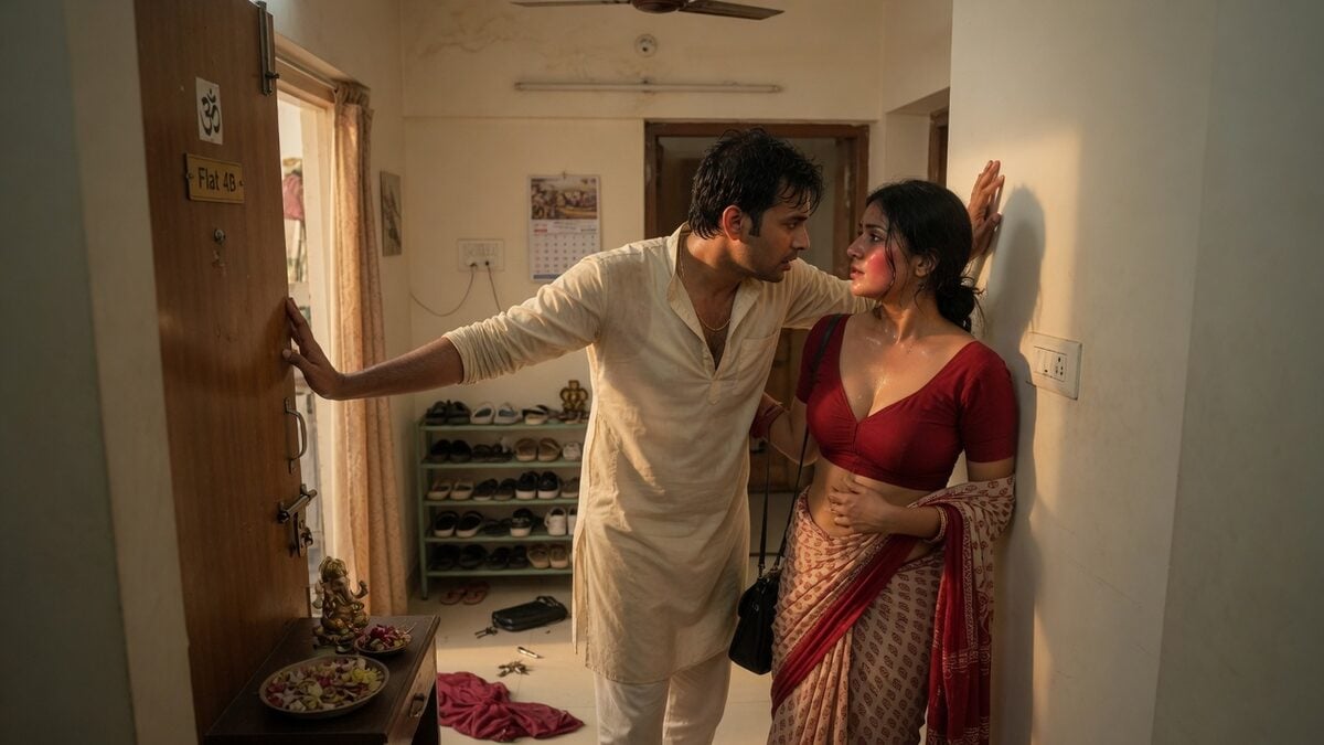 Two fully clothed adults, one adult Indian man and one adult Indian woman in an Indian apartment entry.