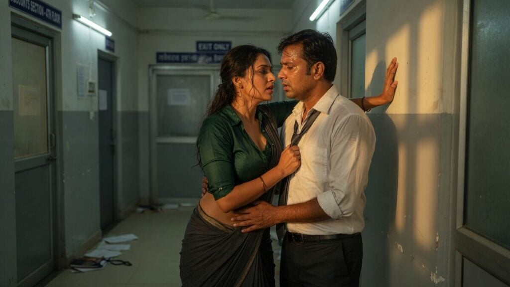 Two fully clothed adults, one adult Indian woman and one adult Indian man in an after-hours Indian office corridor.