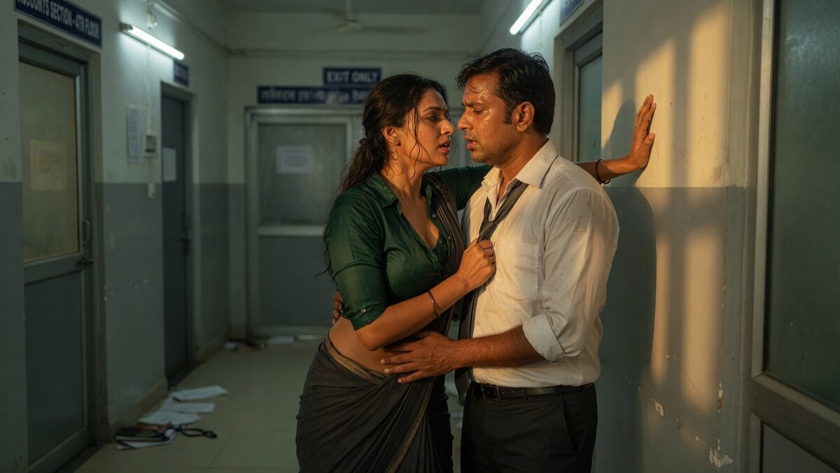 Two fully clothed adults, one adult Indian woman and one adult Indian man in an after-hours Indian office corridor.