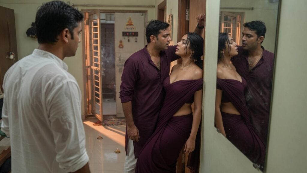 Two fully clothed adults, one adult Indian man and one adult Indian woman in a contemporary Indian city apartment entry.