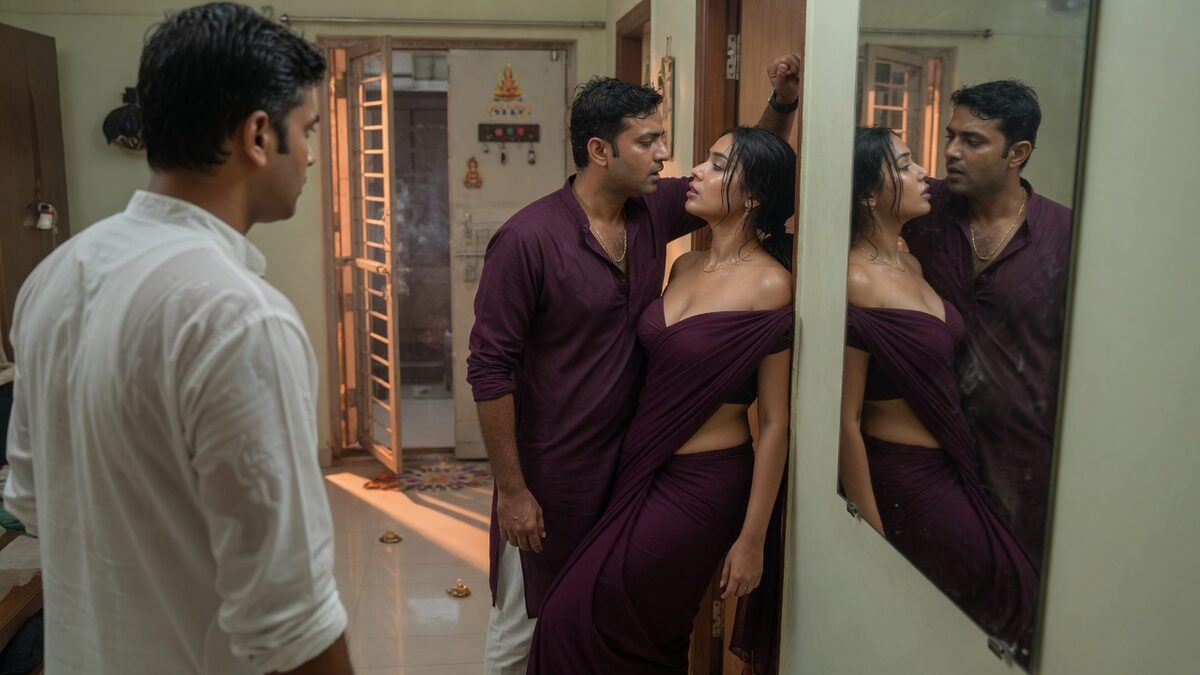Two fully clothed adults, one adult Indian man and one adult Indian woman in a contemporary Indian city apartment entry.