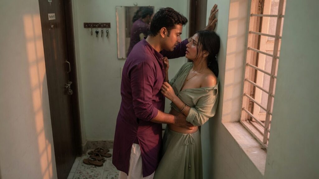 Two fully clothed adults, one adult Indian woman and one adult Indian man in an Indian apartment entry.