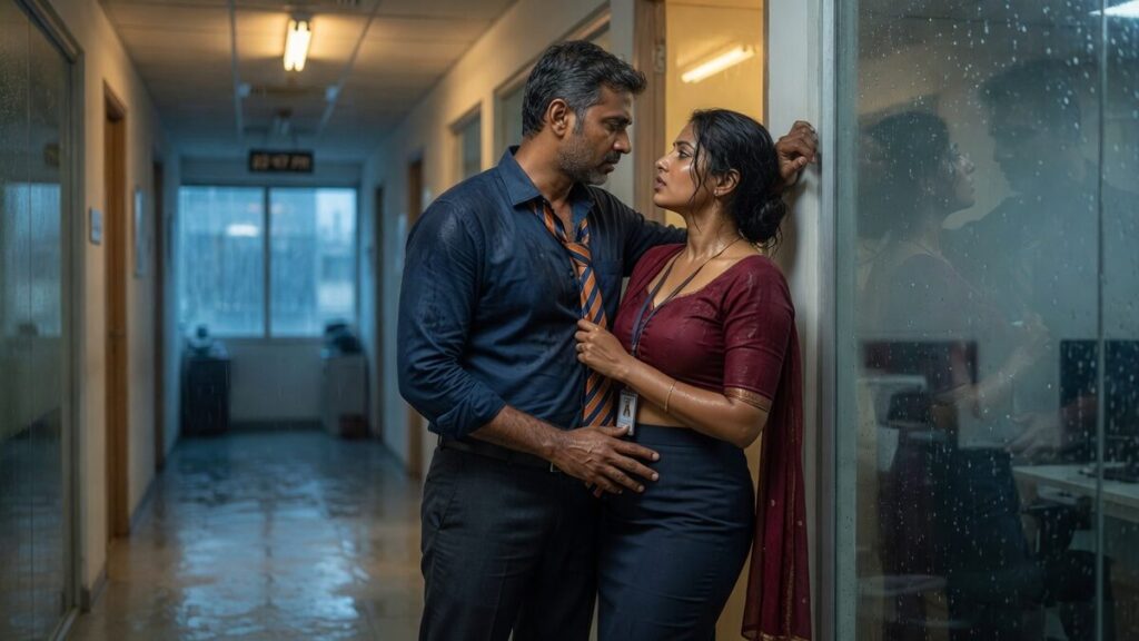 Two fully clothed adults, one adult Indian man and one adult Indian woman in an after-hours Indian office corridor.
