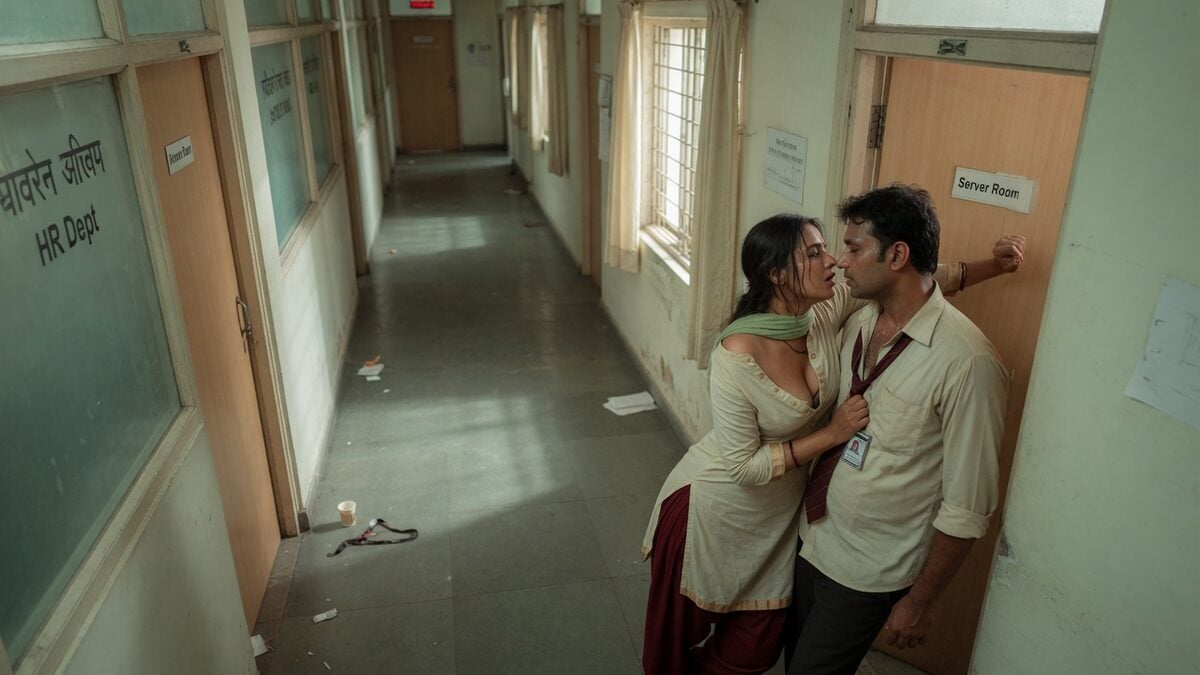 Two fully clothed adults, one adult Indian woman and one adult Indian man in an after-hours Indian office corridor.