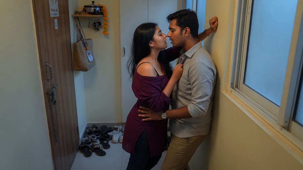 Two fully clothed adults, one adult Indian man and one adult Indian woman in a contemporary Indian city apartment entry.