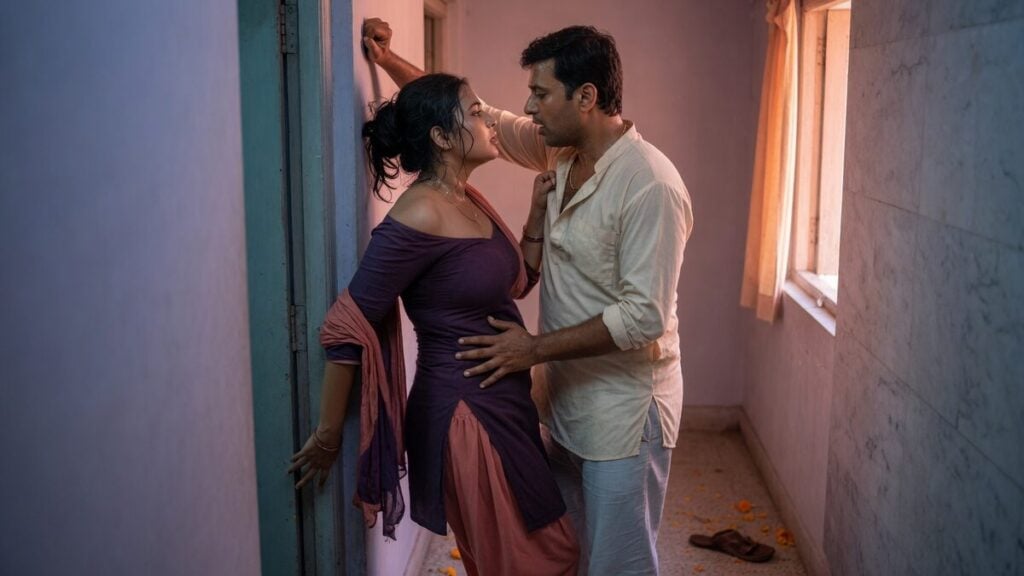 Two fully clothed adults, one adult Indian woman and one adult Indian man in an Indian apartment entry.