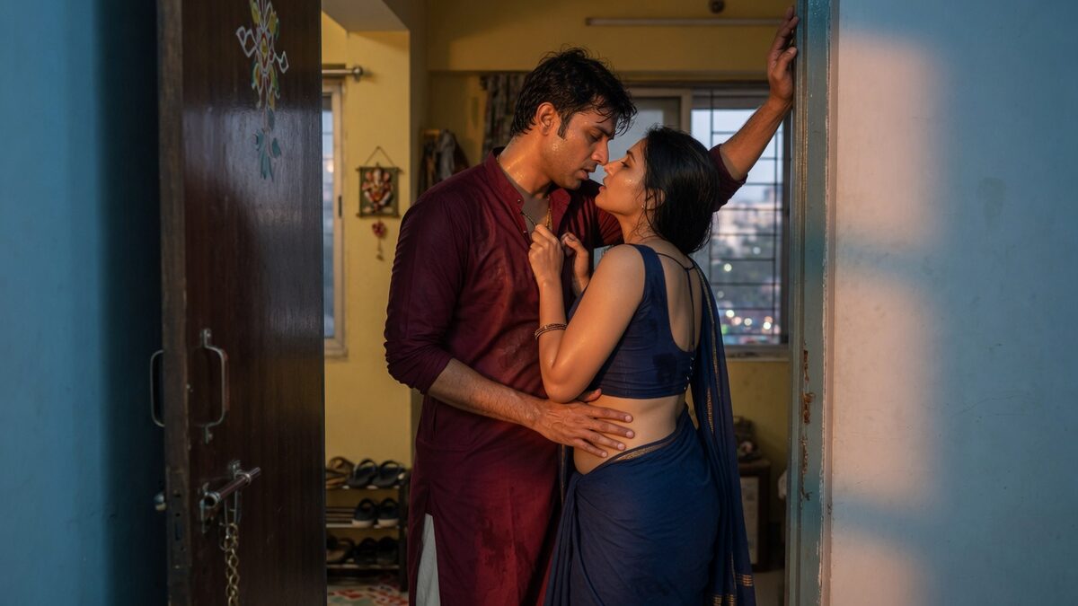 Two fully clothed adults, one adult Indian man and one adult Indian woman in a contemporary Indian city apartment entry.