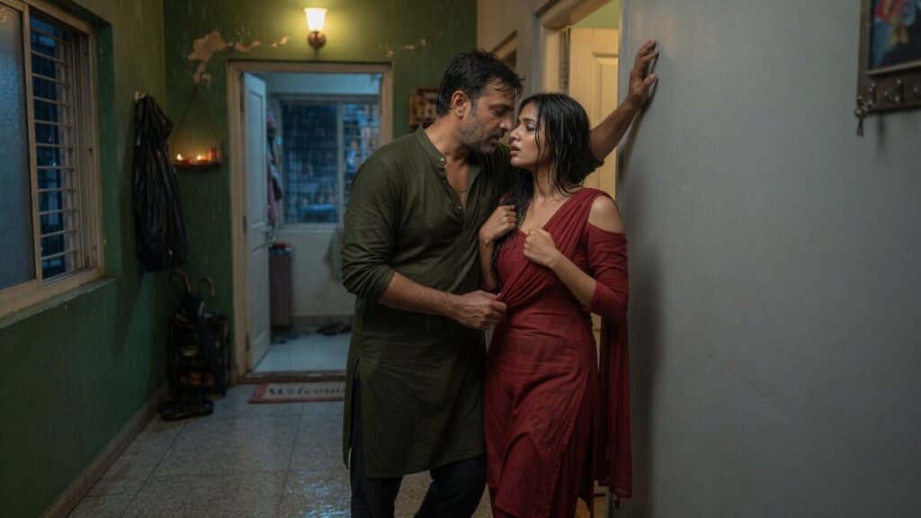 Two fully clothed adults, one adult Indian man and one adult Indian woman in a contemporary Indian city apartment entry.