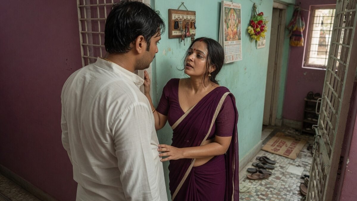 Two fully clothed adults, one adult Indian man and one adult Indian woman in an Indian apartment entry.