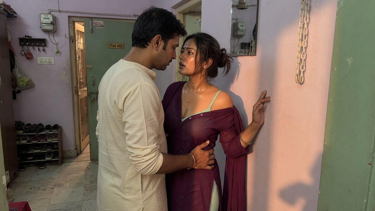Two fully clothed adults, one adult Indian man and one adult Indian woman in a contemporary Indian city apartment entry.