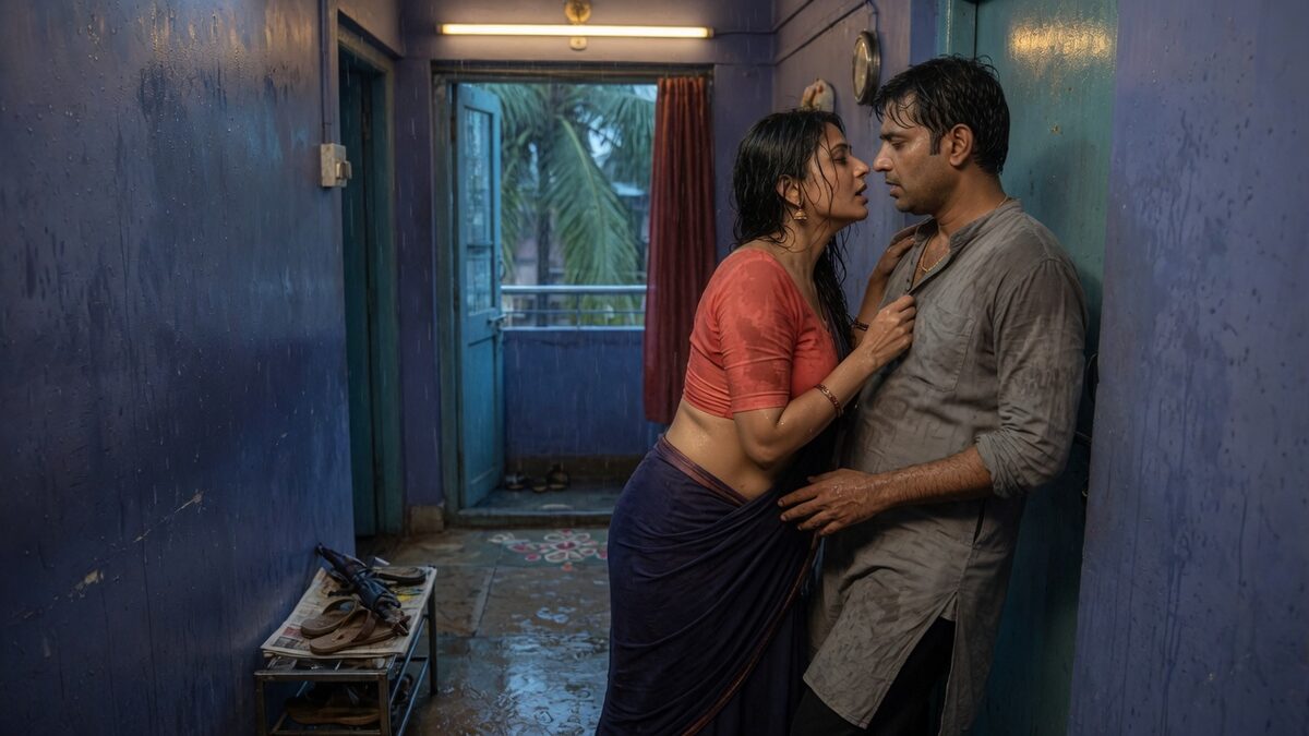 Two fully clothed adults, one adult Indian woman and one adult Indian man in an Indian apartment entry.