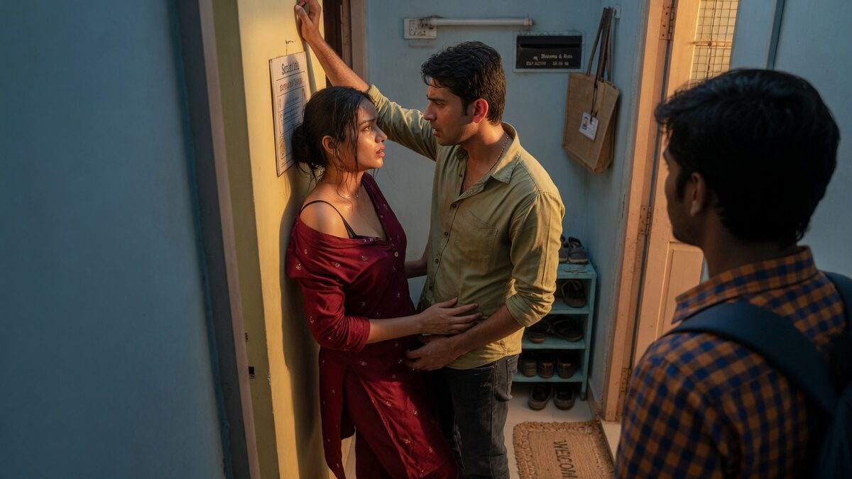 Two fully clothed adults, one adult Indian man and one adult Indian woman in an Indian apartment entry.