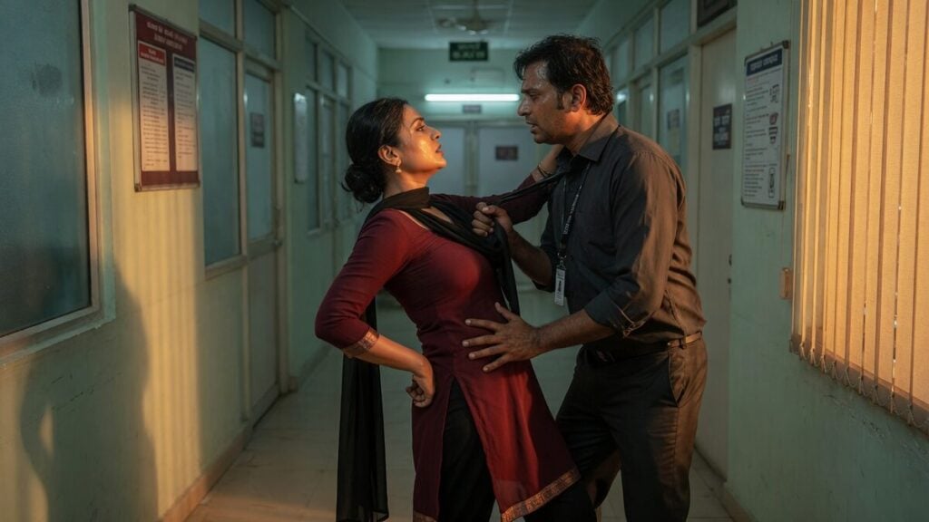 Two fully clothed adults, one adult Indian woman and one adult Indian man in an after-hours Indian office corridor.
