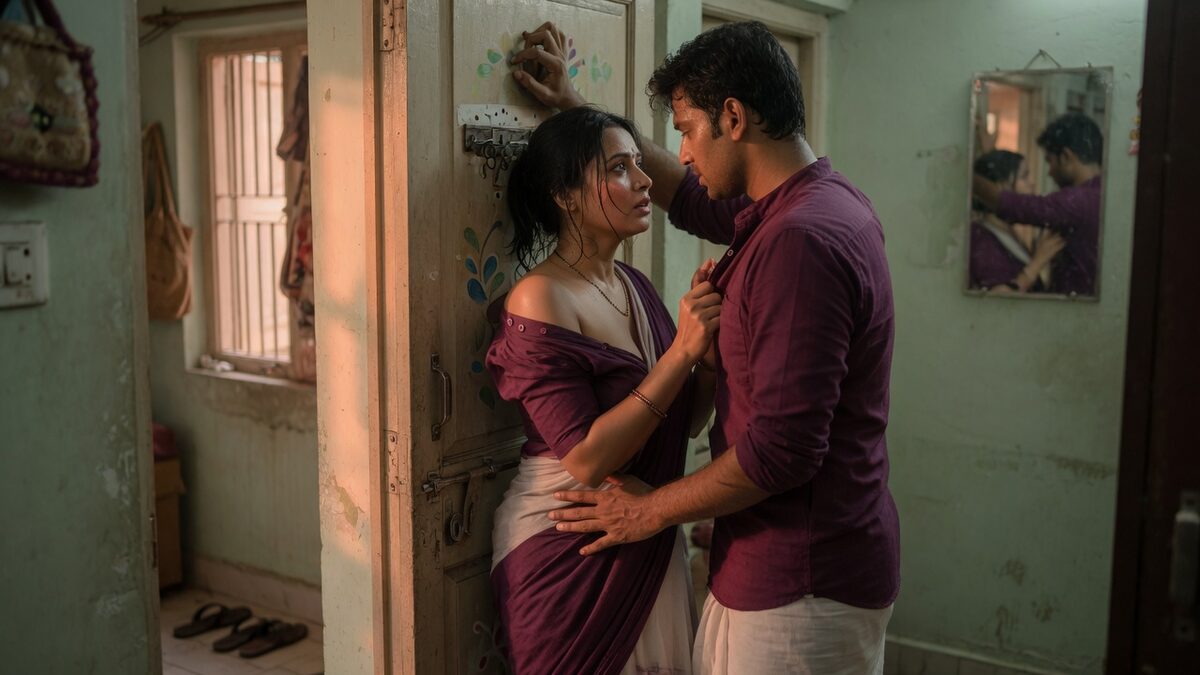 Two fully clothed adults, one adult Indian man and one adult Indian woman in an Indian apartment entry.
