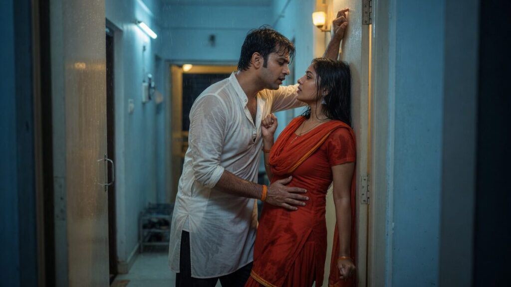 Two fully clothed adults, one adult Indian man and one adult Indian woman in a contemporary Indian city apartment entry.